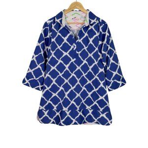 TIZZIE NAVY WHITE CONTRAST PATTERN V-NECK COLLARED SHIRT DRESS